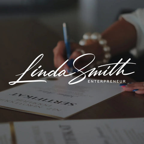 Handwritten 'Linda Smith' logo with 'Entrepreneur' tagline, featuring a person writing with a pen on a document, with a focus on a pearl bracelet.