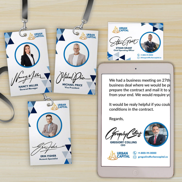 Name tags featuring handwritten signatures for Nancy Miller, Michael Price, Erik Fisher, and Gregory Collins, with the 'Urban Capital' logo, alongside a tablet displaying an email.