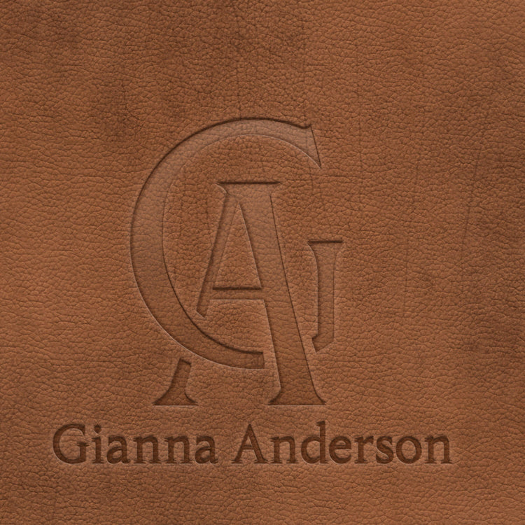 Embossed logo with 'GA' monogram and the name 'Gianna Anderson' on a textured leather background.