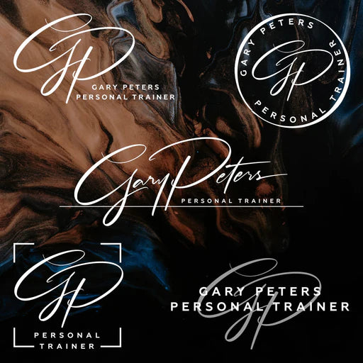 Various logo designs featuring the 'GP' monogram and 'Gary Peters Personal Trainer' text, displayed against a dark, marbled background.
