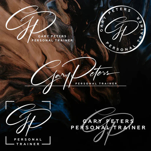 Various logo designs featuring the 'GP' monogram and 'Gary Peters Personal Trainer' text, displayed against a dark, marbled background.