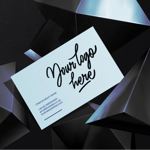Business card featuring the handwritten text 'Your logo here' on the front, with contact details printed on the back, set against a dark geometric background.