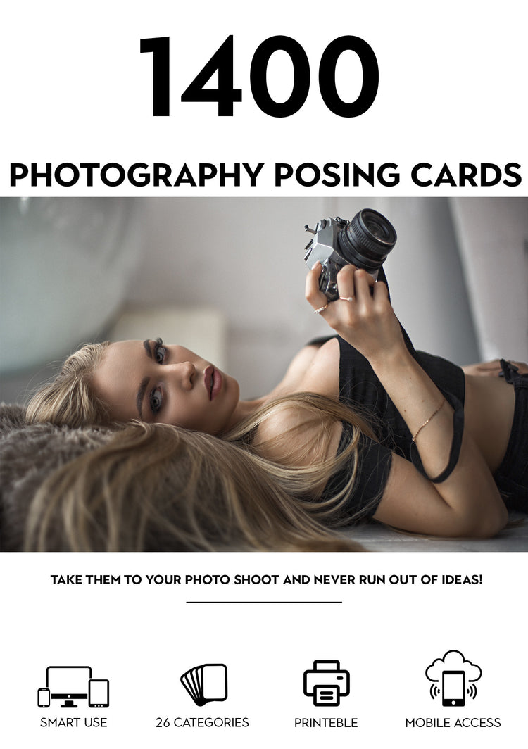 Advertisement for '1400 Photography Posing Cards,' featuring a woman holding a camera and text promoting the product's features such as 'smart use,' 'printable,' and 'mobile access.'