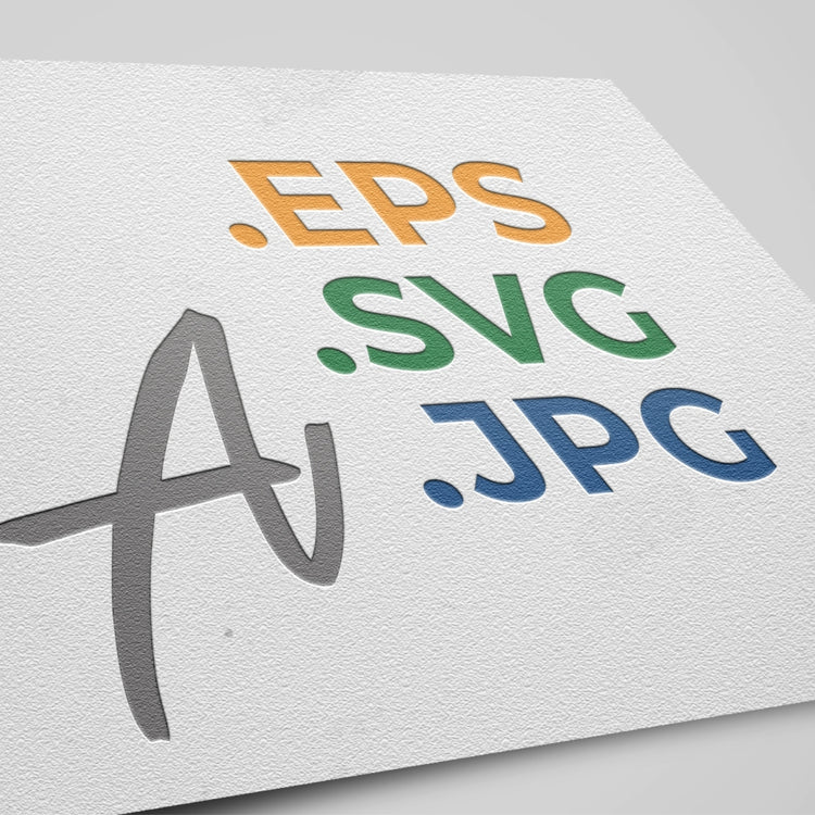 Close-up of a textured paper featuring the 'A' logo with file extensions '.EPS,' '.SVG,' and '.JPG' in different colors.
