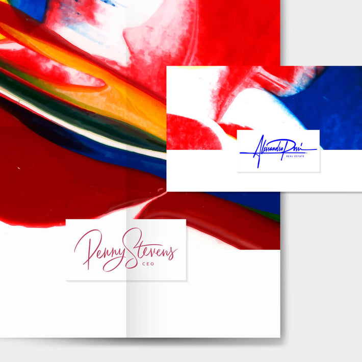 Handwritten 'Penny Stevens' logo with 'CEO' title and 'Alessandro Posi Real Estate' logo, both placed over vibrant, colorful abstract paint strokes.