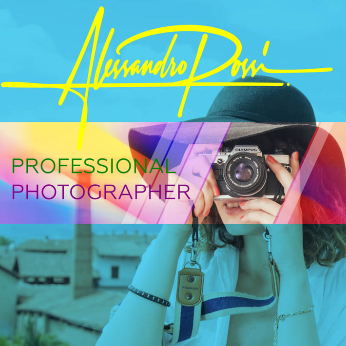 'Alessandro Posi' handwritten signature logo with the title 'Professional Photographer,' featuring a person with a camera and a colorful, gradient background.