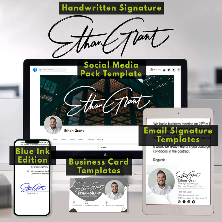 'Handwritten Signature' of 'Ethan Grant' displayed across multiple templates, including a social media pack, email signature, business card, and mobile signature, with a 'Blue Ink Edition' label.