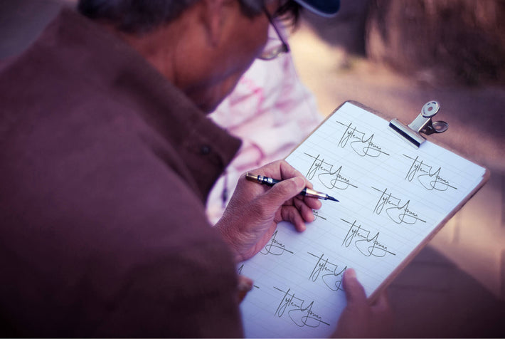 A person signing multiple handwritten signatures of 'Tyler Young' on a clipboard with a pen, focusing on the detailed cursive style.