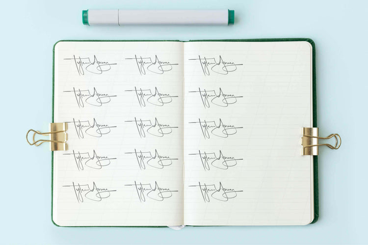 A notebook open to a page filled with multiple handwritten 'Tyler Young' signatures in a cursive style, with a green pen resting on the page.