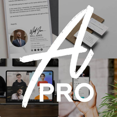 Bold 'A PRO' logo with images of a business card, laptop, and smartphone showing professional profile images and contact information.